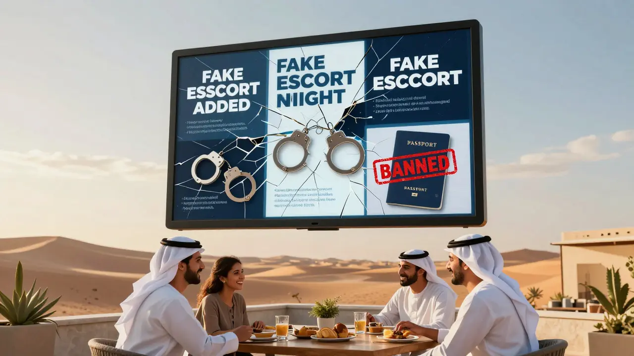 A cracked digital ad screen hovers over the desert with handcuffs and a banned passport, while real people enjoy a café below.