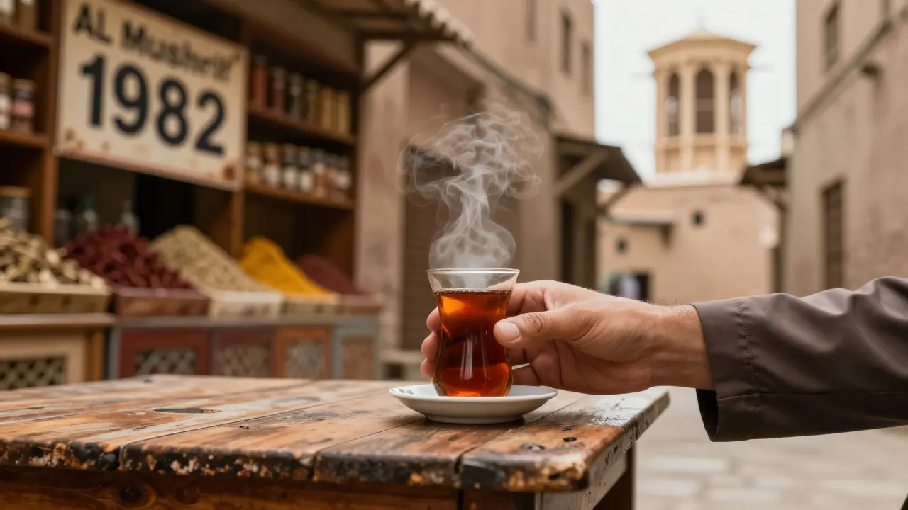 A cup of karak tea offered beside a spice-filled table in a quiet Abu Dhabi alley, soft morning light.