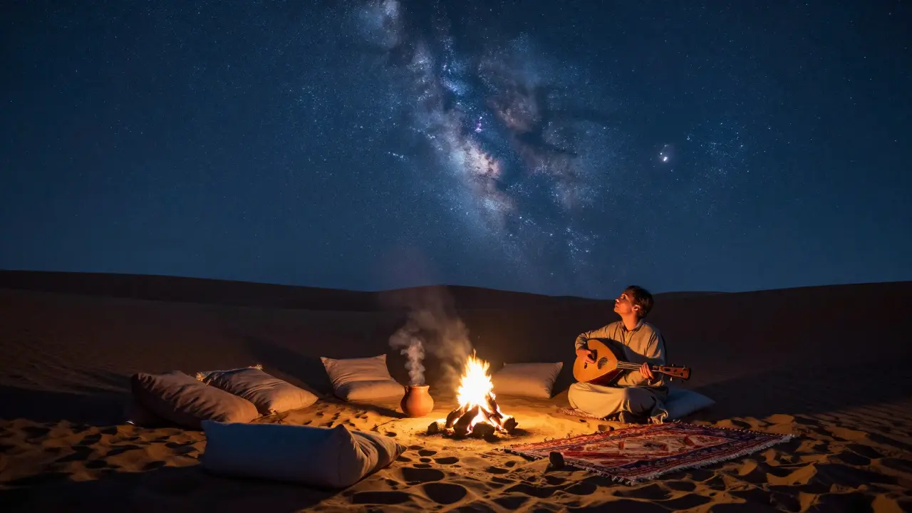 A desert night under the stars with a small fire, cushions, and an oud, surrounded by silence and deep sky.