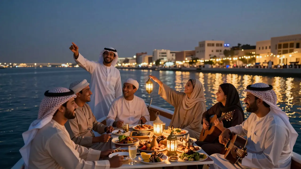 A group enjoying a dhow cruise on Dubai Creek at twilight, lanterns glowing, Arabic music playing softly.