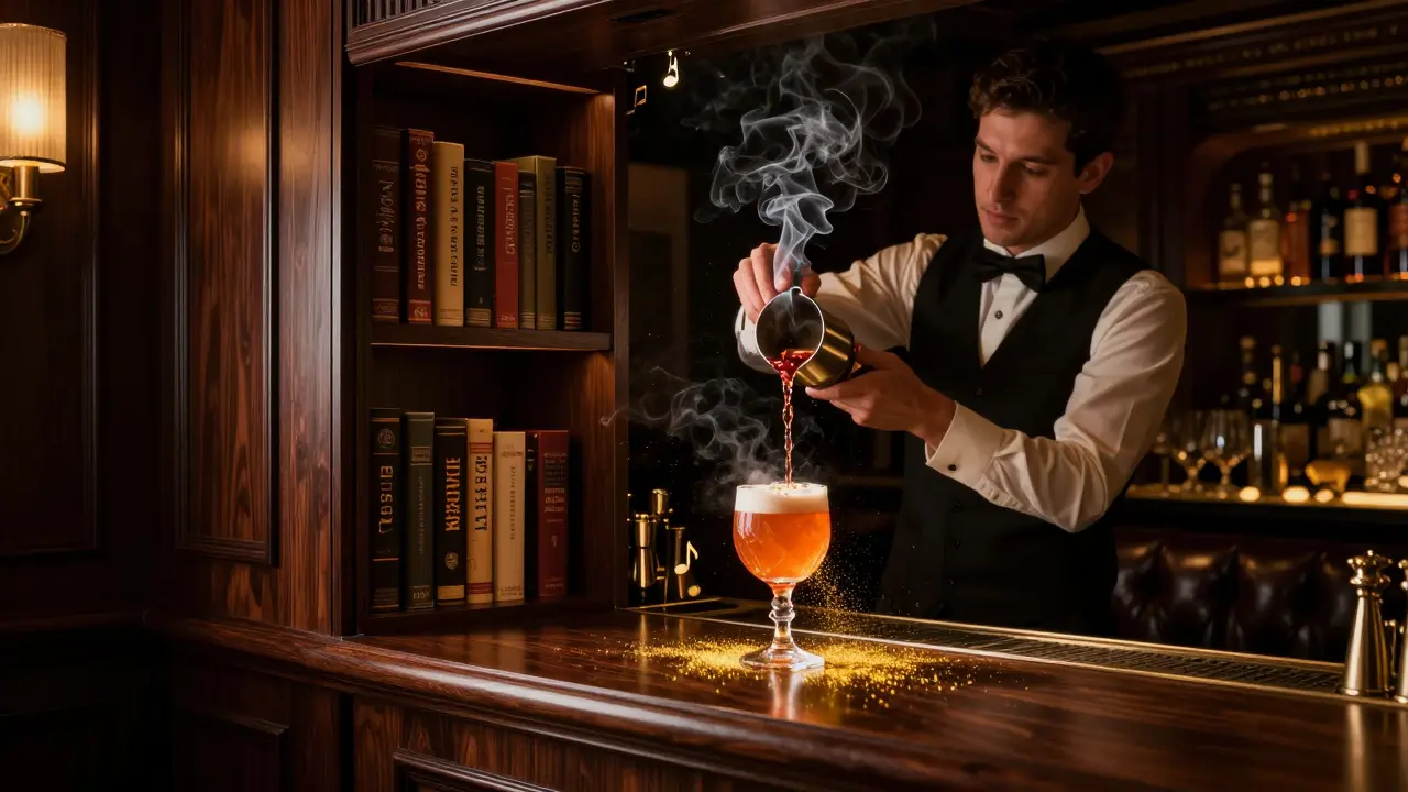 A hidden speakeasy with a bartender crafting a smoky, spiced cocktail in elegant surroundings.