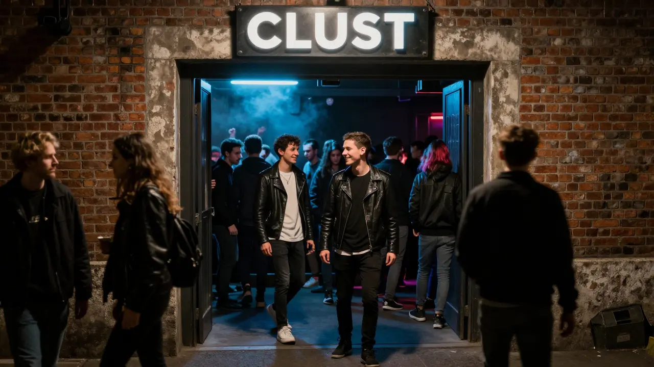 A hidden underground club entrance in Porta Ticinese, people entering as neon light glows from within.