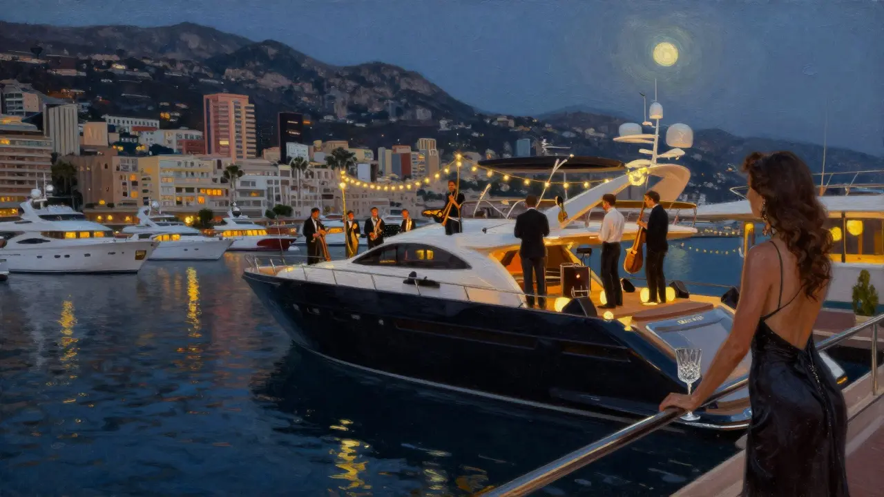A luxurious yacht party at night with jazz musicians and harbor reflections under moonlight.