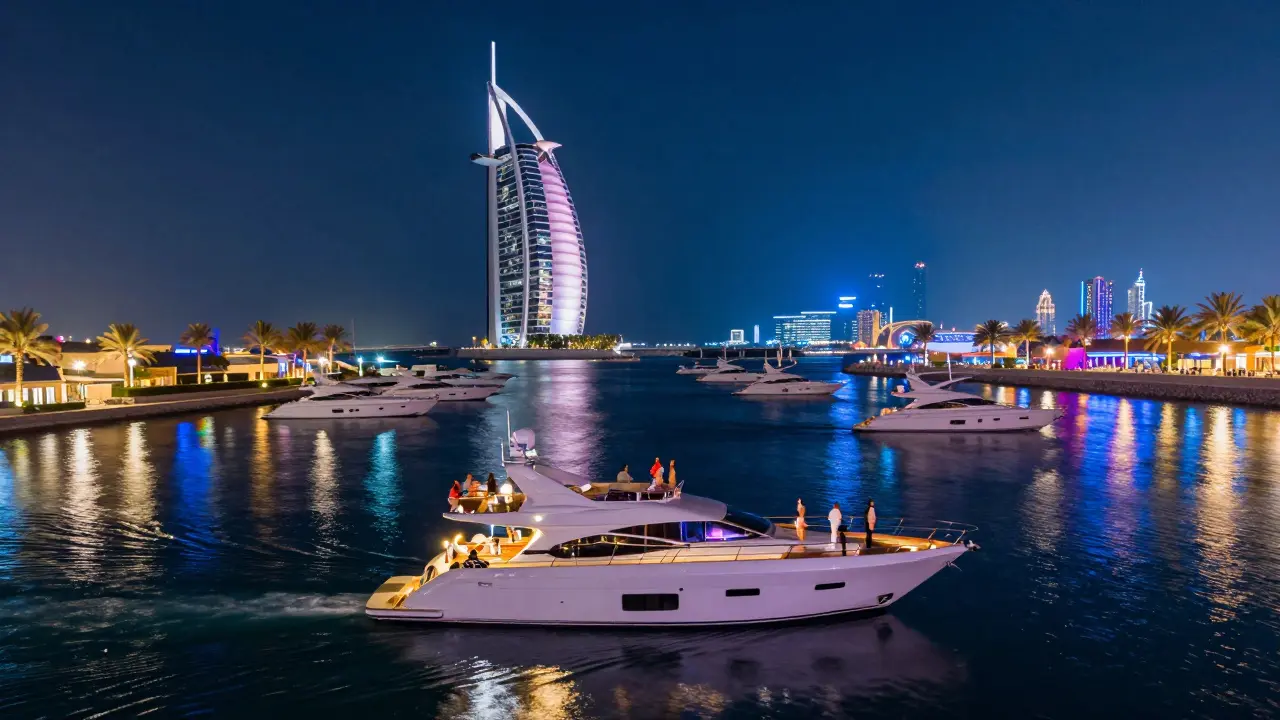 A luxury yacht cruising Dubai's Marina at night with glowing skyline reflections on water.