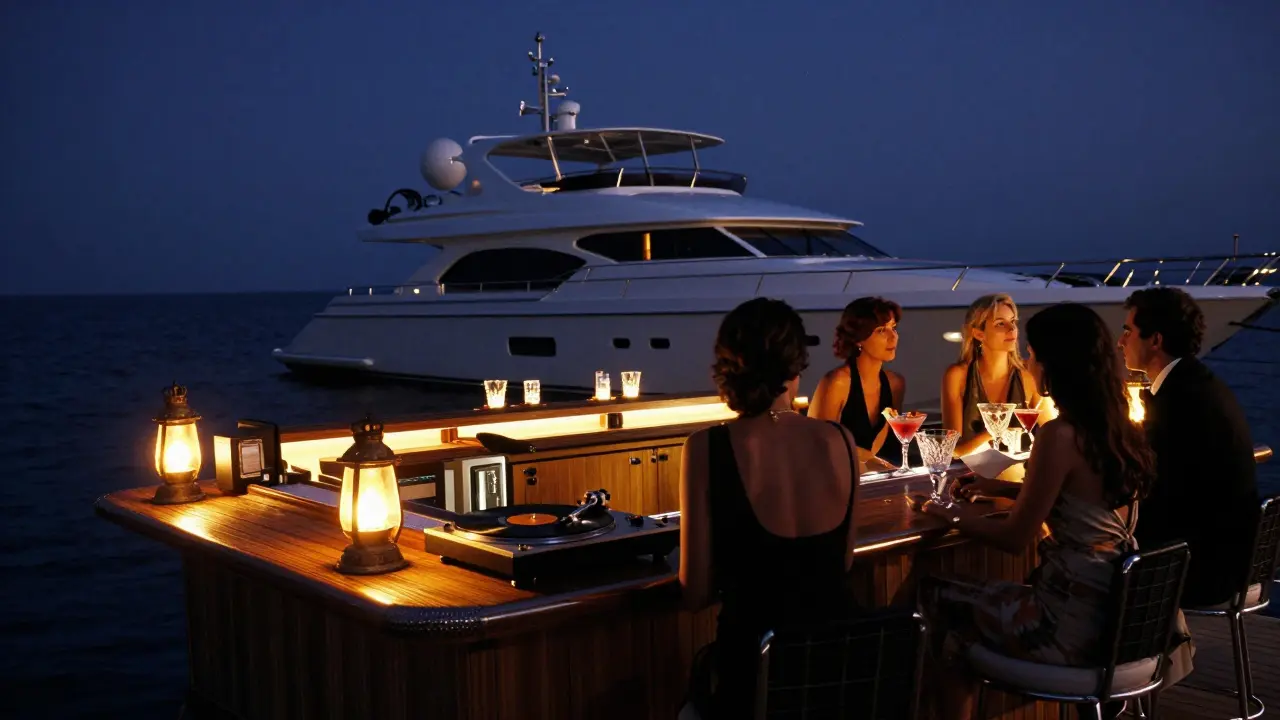 A luxury yacht docked at a floating bar with vintage vinyl spinning, guests in elegant attire under starlit sky.