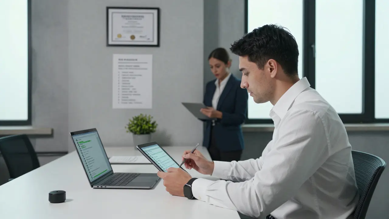 A male escort working professionally in a modern Milan loft, reviewing client profiles with safety tools nearby.
