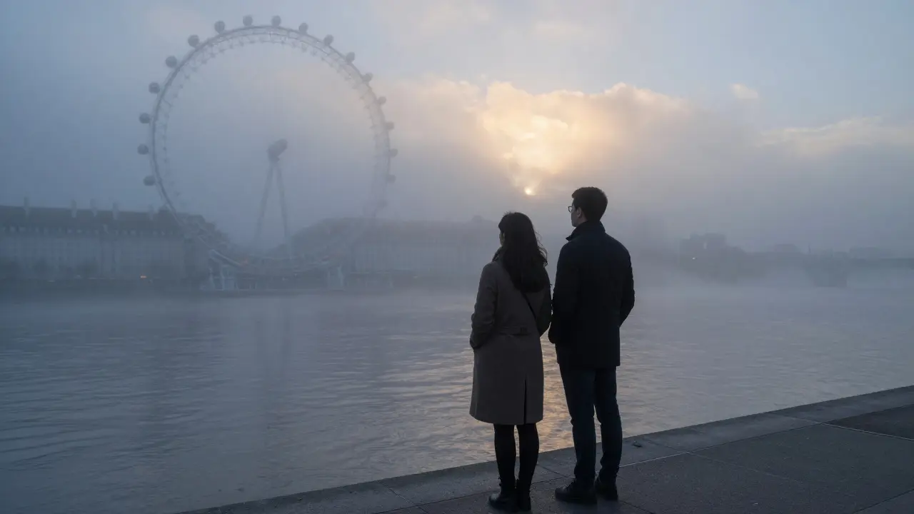 A man and woman standing silently by the Thames at sunrise, wrapped in coats, watching the mist rise.
