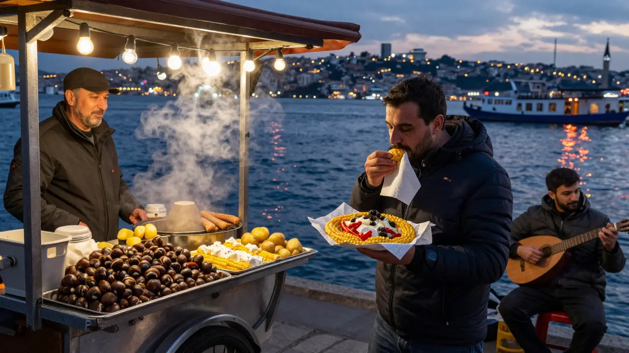 A man eating kumpir at dawn by the Bosphorus, steam rising from the potato, with a street vendor and musician in the background under fairy lights.