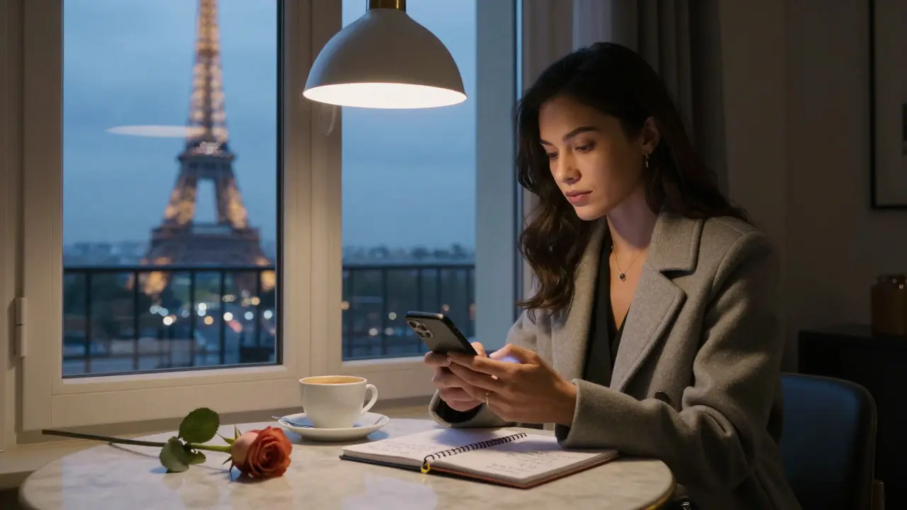 A modern escort in a quiet Paris apartment, checking her phone as the Eiffel Tower shines in the distance.