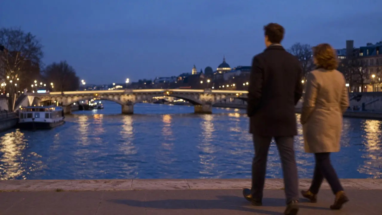 A pair walking along the Seine as bridge lights illuminate the water at twilight.