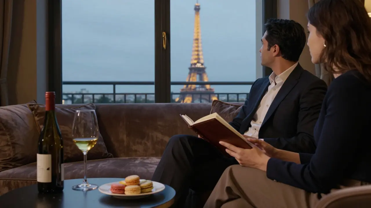 A person and companion in a cozy hotel lounge watching the Eiffel Tower glow at twilight.