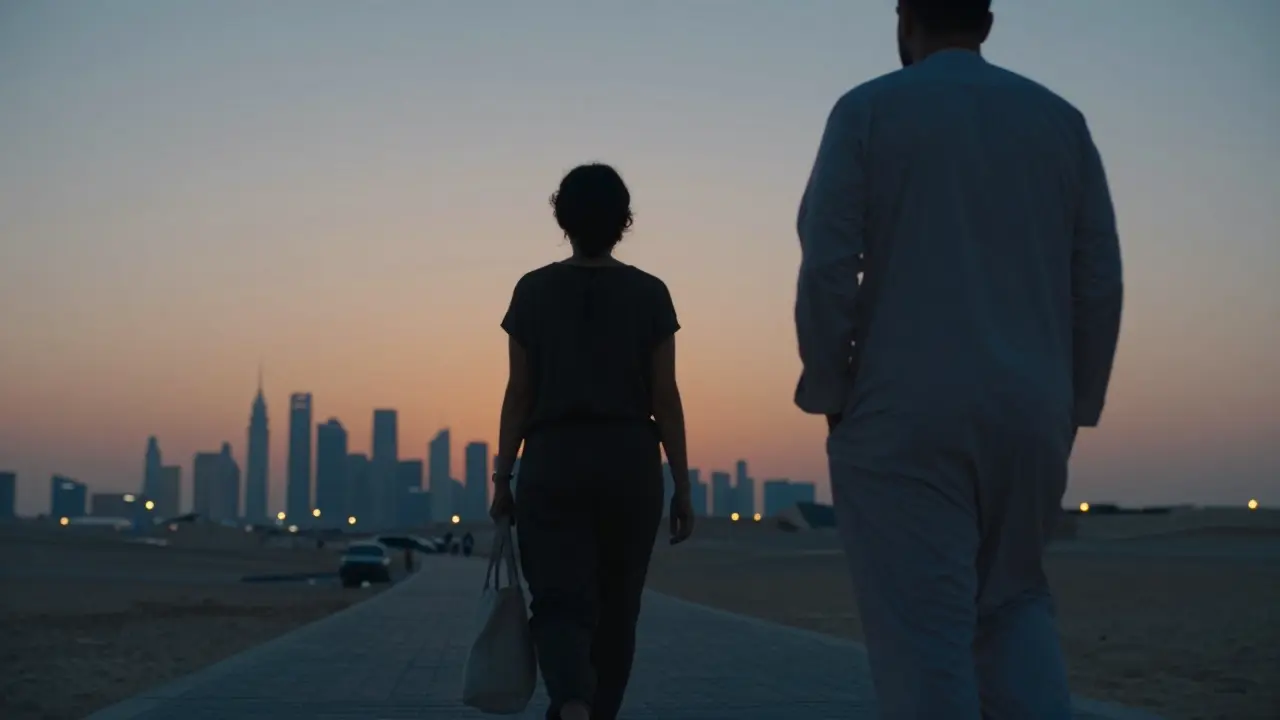 A person walking along a Dubai promenade at sunset, followed at a distance by another, both anonymous, emphasizing presence over connection.