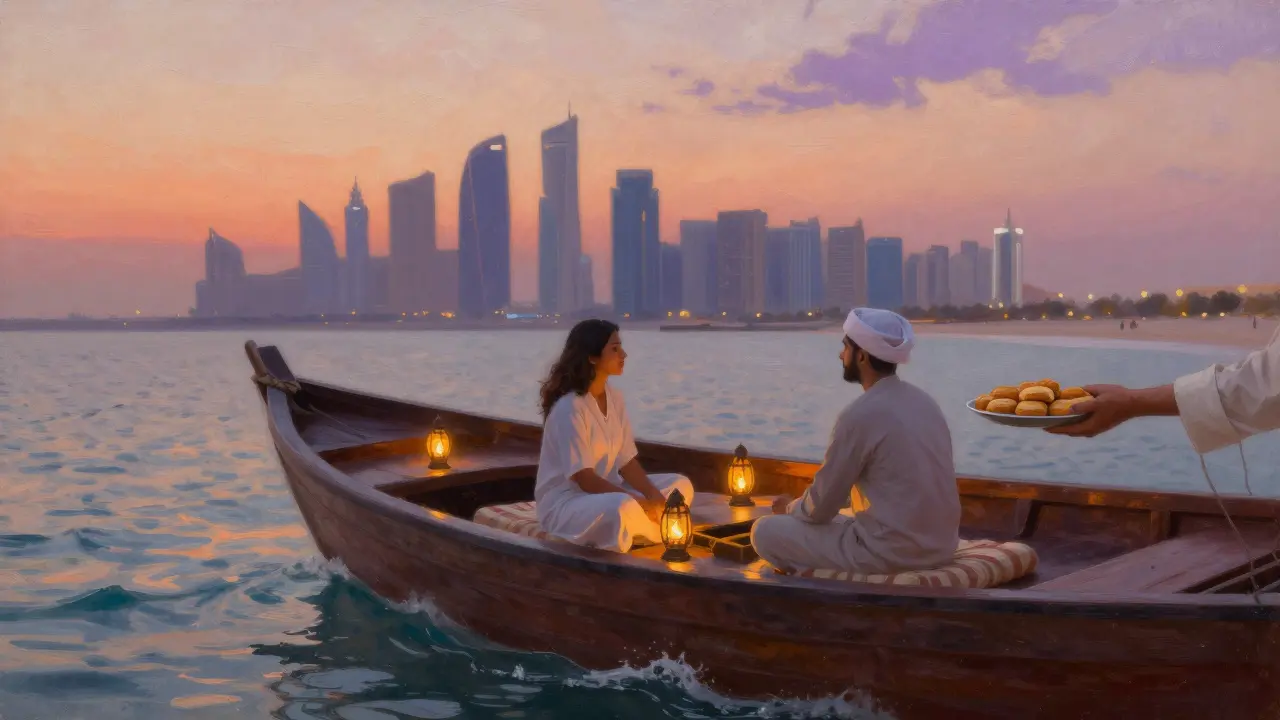 A private dhow cruise at sunset with lanterns glowing, serving sweet dumplings as the city skyline fades.