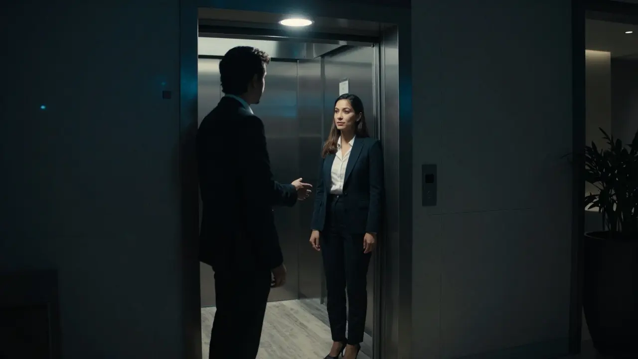 A professional meeting in a luxury Abu Dhabi apartment lobby at night, exuding discretion and respect.