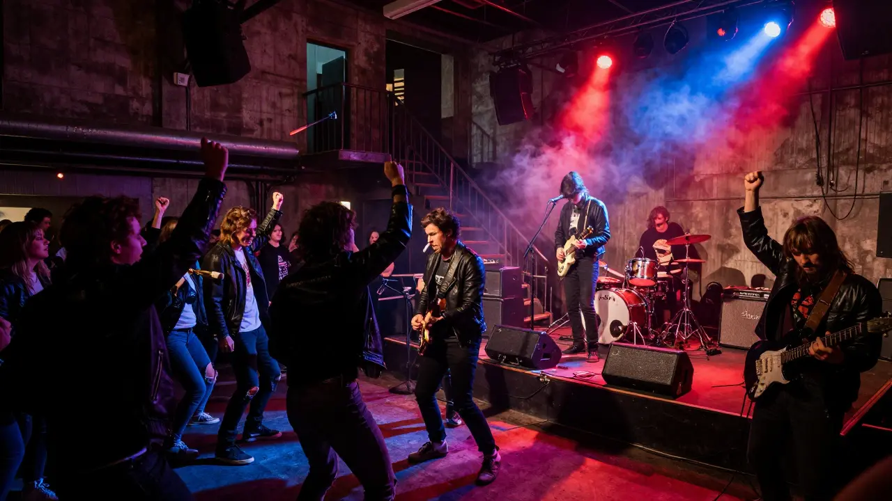 A punk band performing at Alcatraz club under industrial lights with a passionate crowd dancing in a gritty, smoke-filled room.