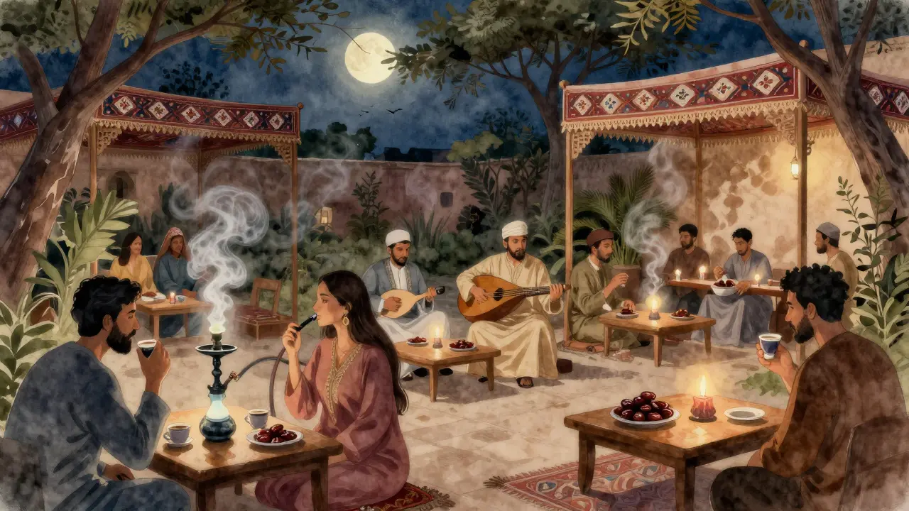 A quiet garden lounge with people enjoying hookah and coffee under lantern light, live music in the background.