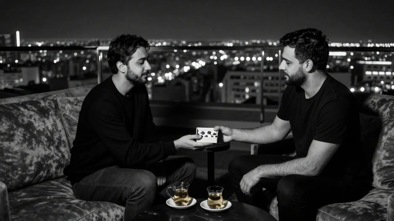 A quiet moment on a rooftop lounge in Dubai, sharing sweets with calm connection, city lights shimmering below.