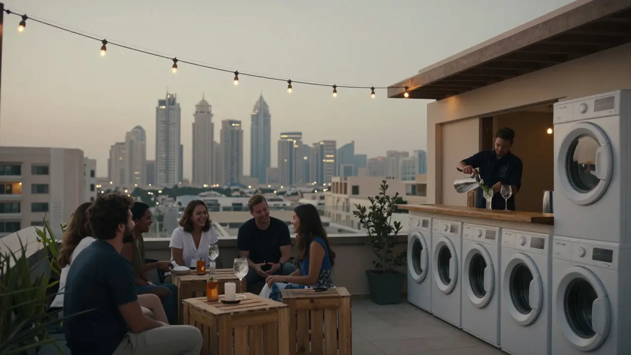 A quiet rooftop terrace with string lights and wooden crates, offering a peaceful view of Dubai's skyline.
