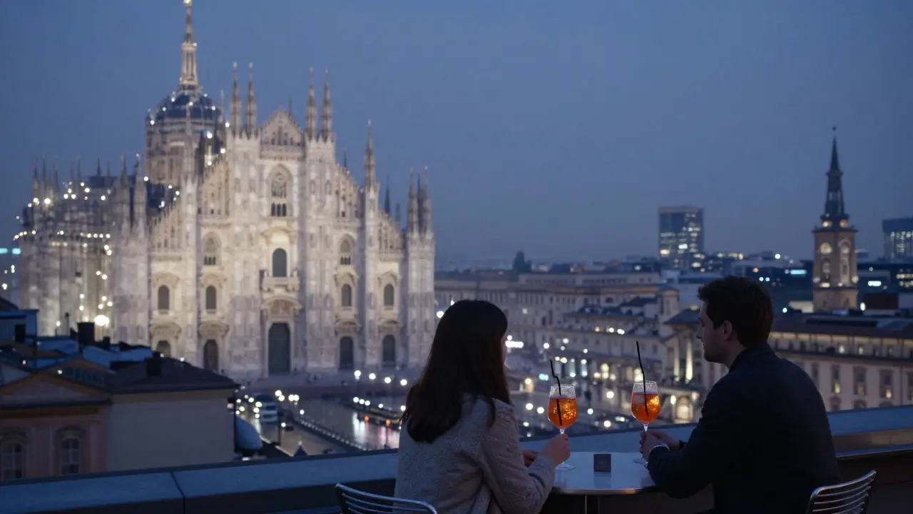 A quiet rooftop view of Milan’s skyline at dawn with two people sipping spritzes, the Duomo glowing softly in the distance.