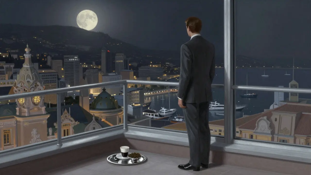 A solitary figure on a rooftop terrace above Monte Carlo Casino, silver tray with espresso and caviar, city silent below.