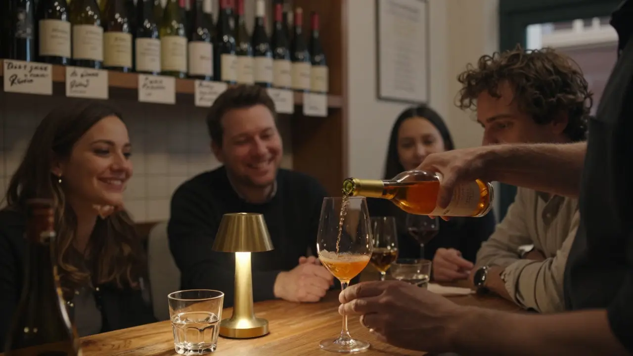 A sommelier pouring amber wine in a quiet Paris wine bar, patrons chatting softly by candlelight.