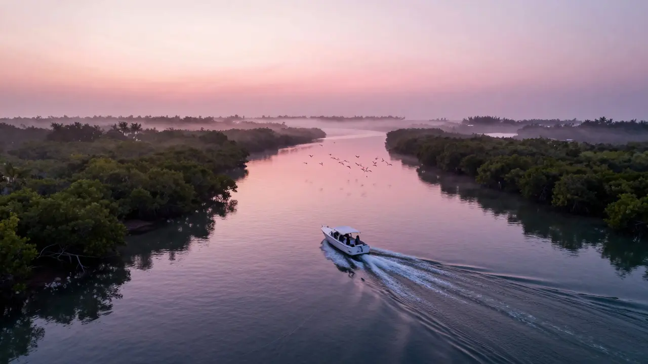 A speedboat gliding through mangroves at dawn, flamingos taking flight, serene water reflecting pink morning light.