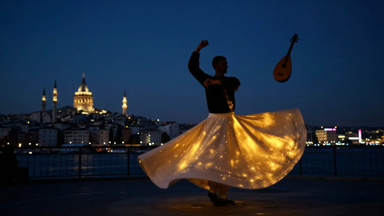A Sufi dervish spinning in midnight silence, minarets and neon skyline behind them, robes glowing with golden light.