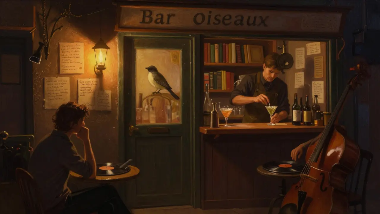 A tiny candlelit bar behind a bookshop, with handwritten notes on walls and a bartender crafting a drink in quiet intimacy.