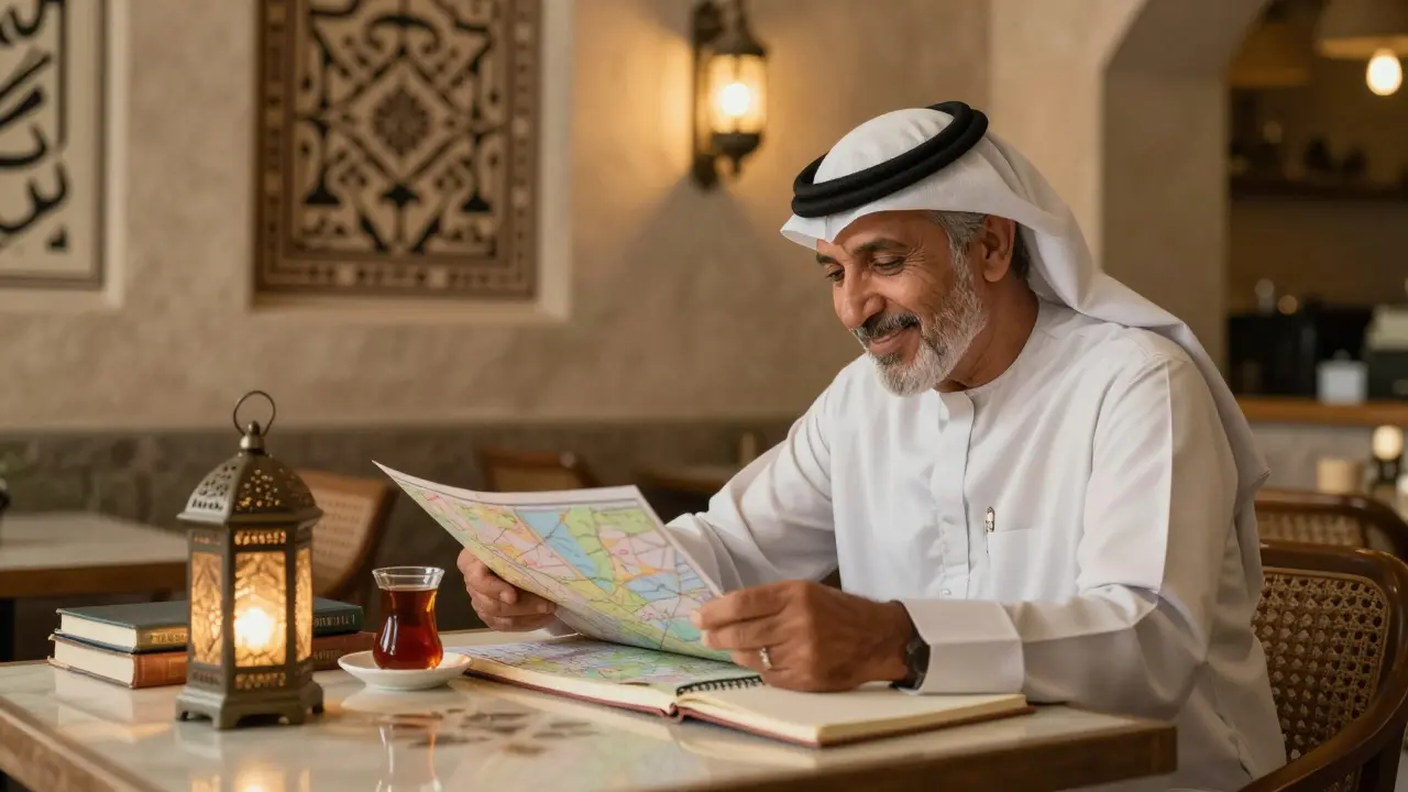A traveler shares tea with a local elder in Abu Dhabi's Heritage Village, exchanging stories under warm lantern light.