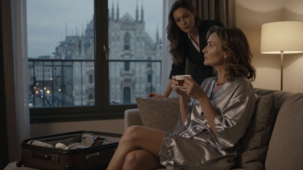 A woman and female escort in a hotel suite, sharing a moment of quiet emotional connection at twilight.
