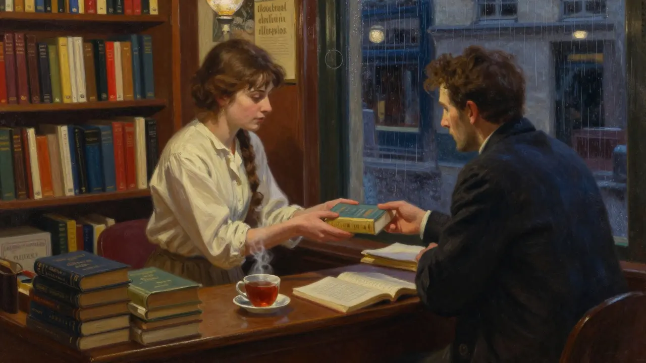 A woman gives a man a wrapped book in a cozy Parisian bookshop, lamplight glowing on vintage poetry shelves and rain-streaked windows.