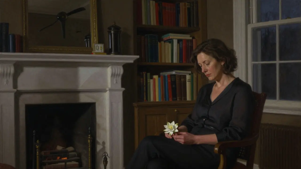 A woman sitting alone by a fireplace holding a white gardenia in a book-lined study.