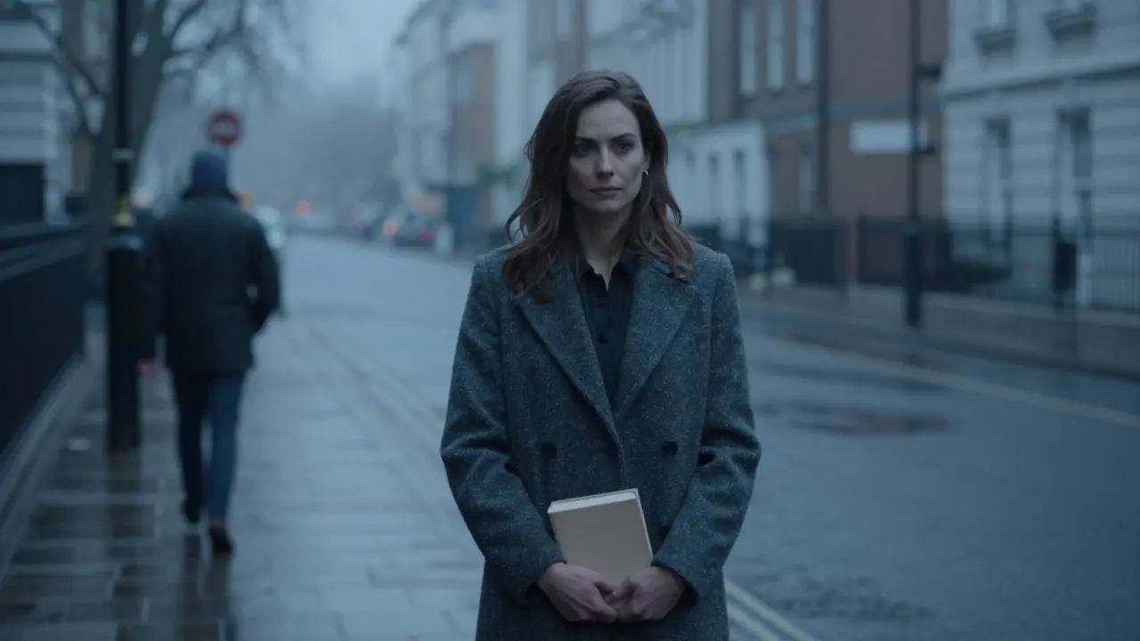 A woman standing alone on a rainy London street, holding a wrapped book, lost in thought.