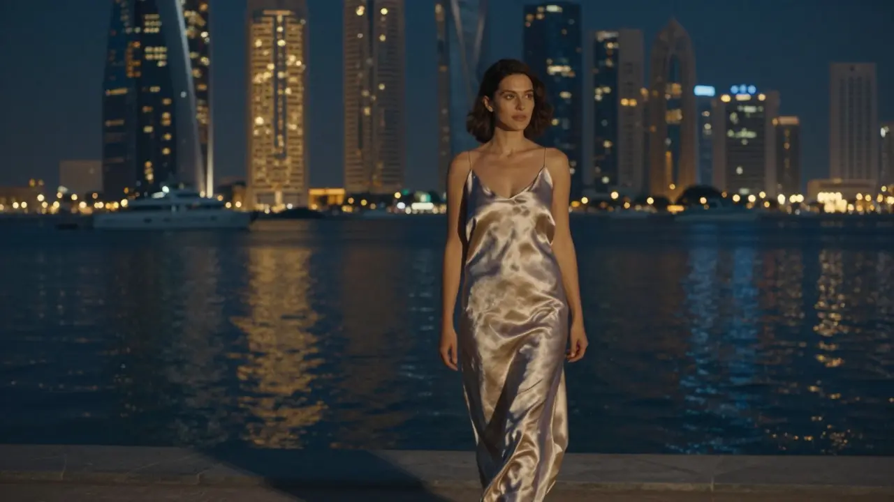 A woman walking along the Corniche at night, city lights reflecting on the water.
