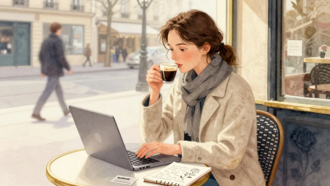 A woman works quietly in a Paris café, surrounded by personal notes and a cup of coffee.