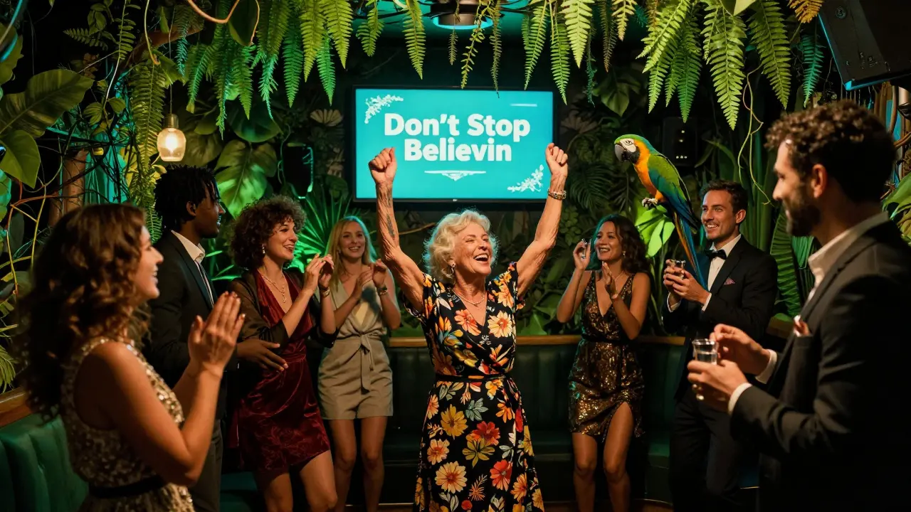 An elderly woman dancing and singing karaoke in a lush jungle-themed room surrounded by cheering friends.