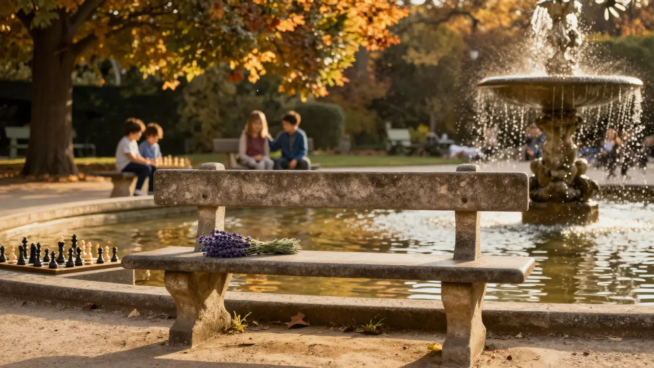 An empty bench in Jardin du Luxembourg holds only a sprig of lavender, bathed in golden afternoon light.