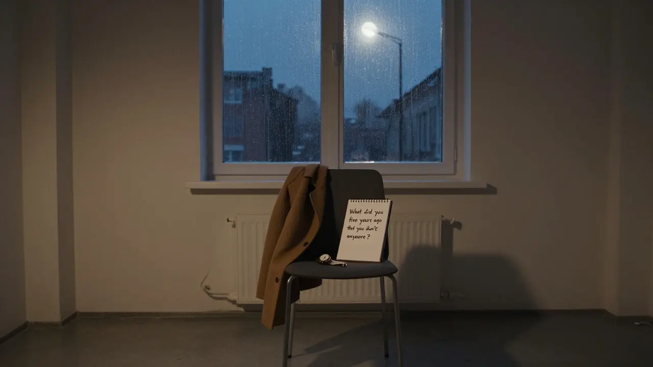 An empty chair in a rain-streaked Berlin loft with a notebook holding a deep question, evoking emotional presence.
