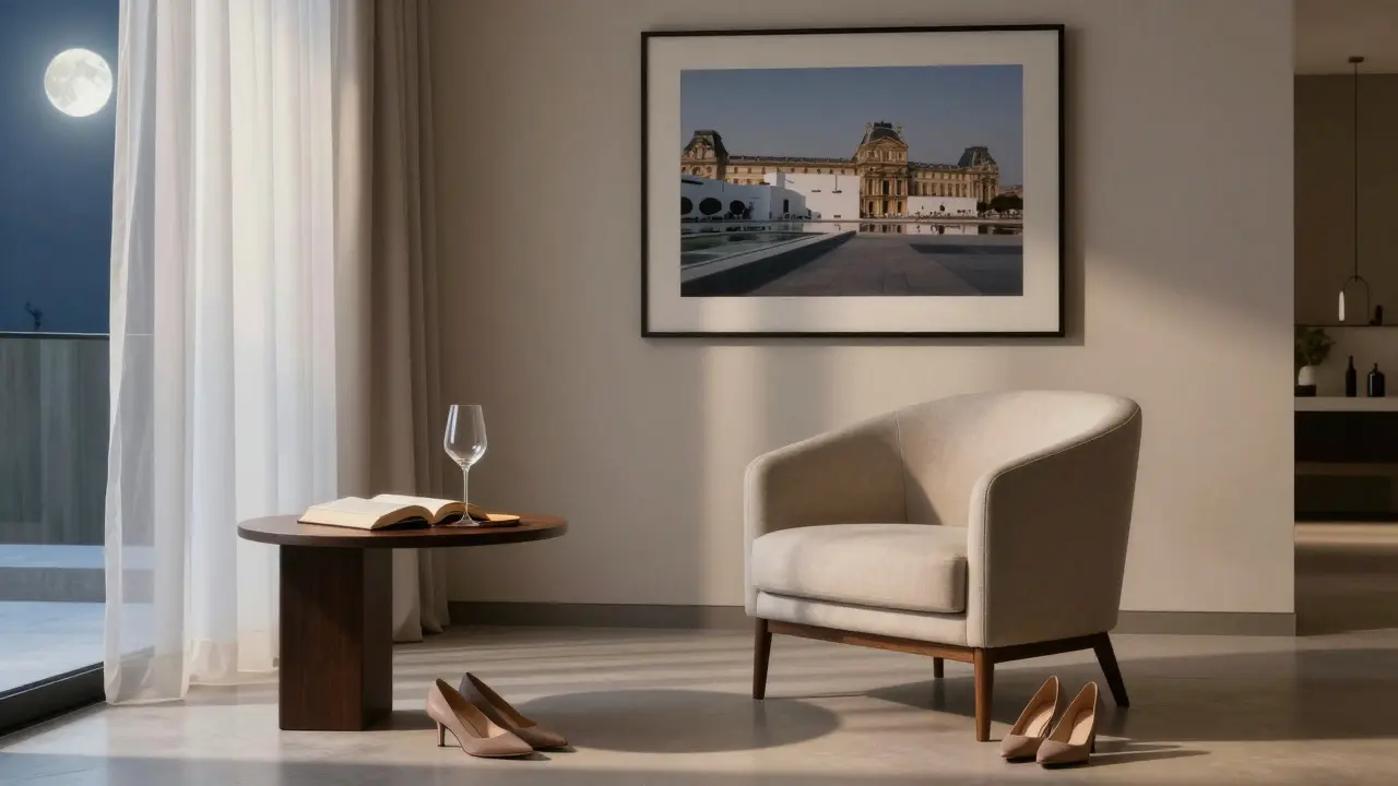 An empty, elegantly arranged villa interior with a wine glass and book under moonlight.