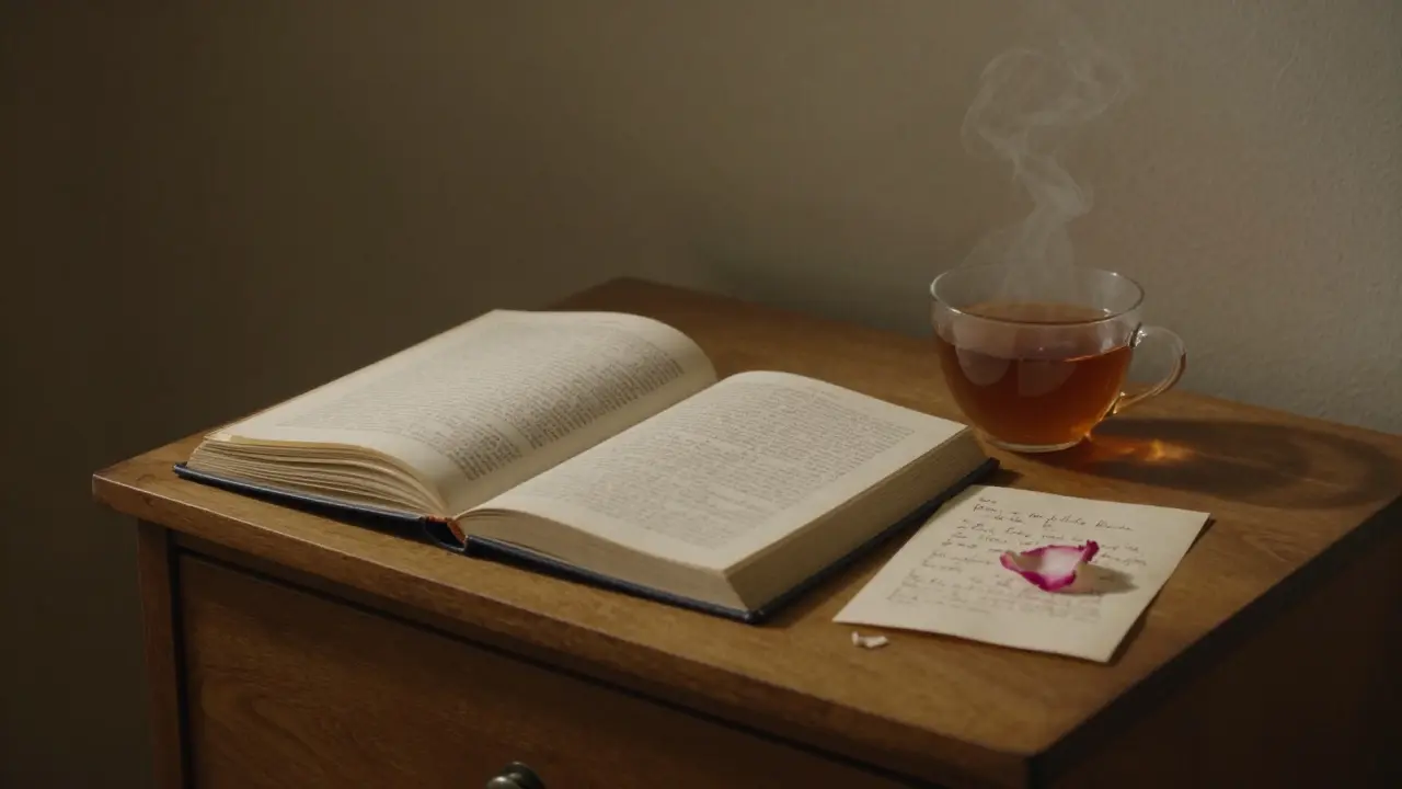 An open journal and handwritten letter on a nightstand, with a single rose petal nearby.