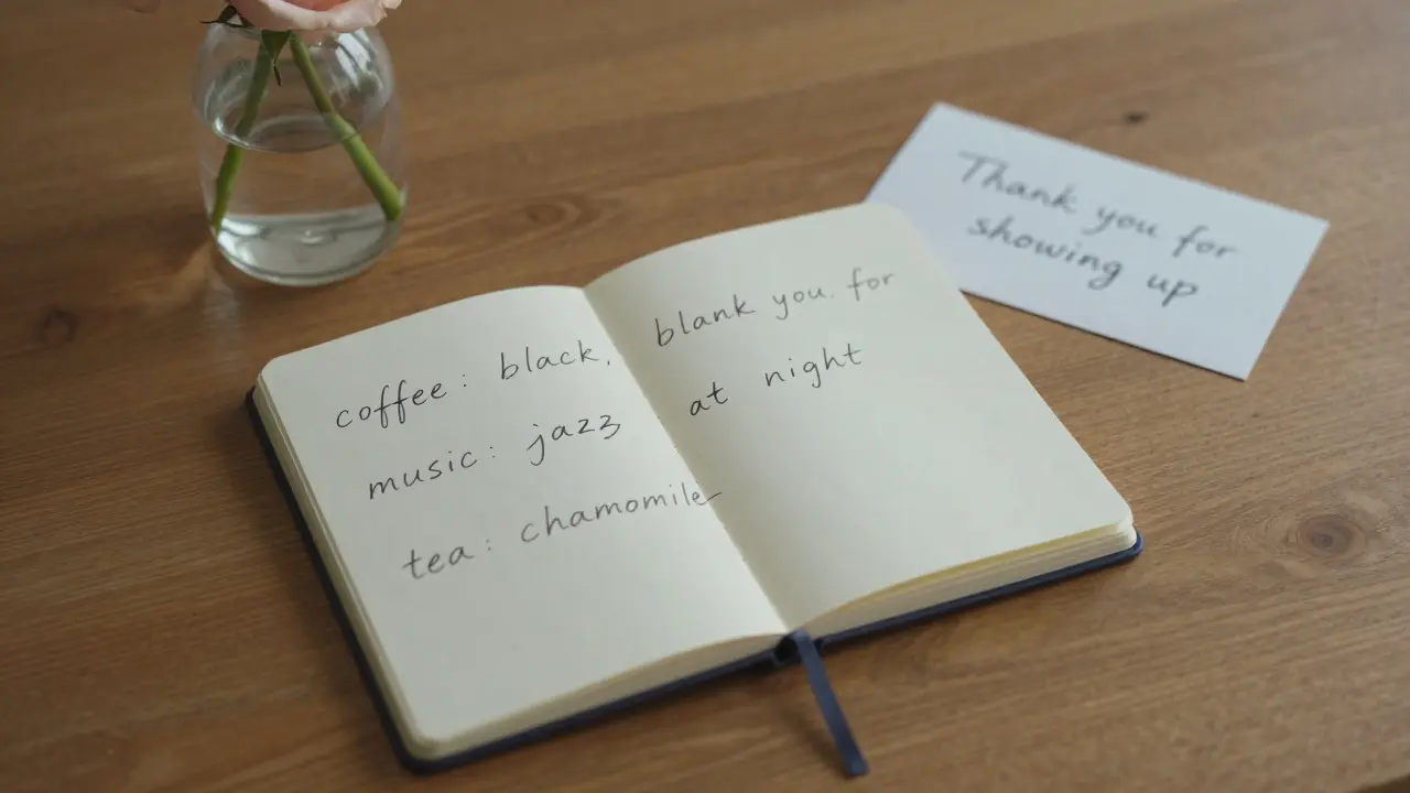 An open notebook with handwritten notes about preferences, a rose, and a thank-you note—evidence of quiet, lasting respect.