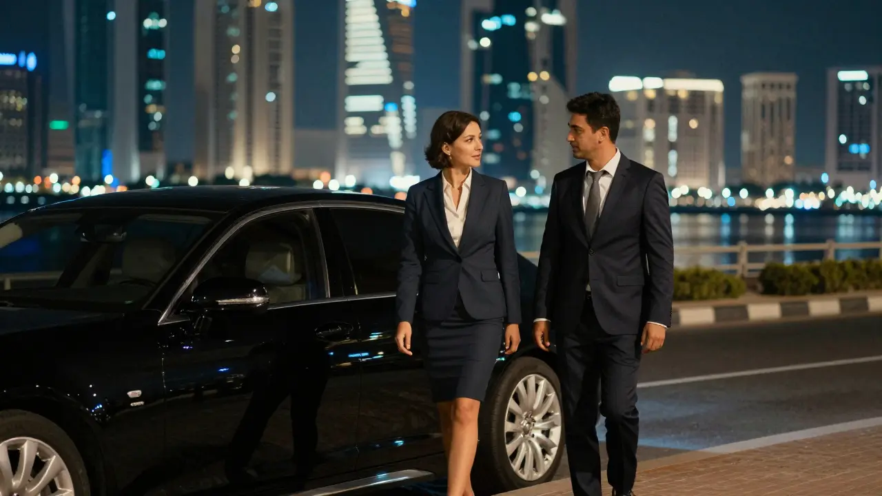 Companion and client walking along the Corniche at night, engaged in quiet conversation.