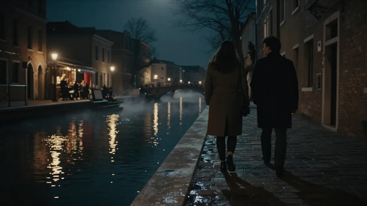 Couple walking along Navigli canals under lantern lights at night.