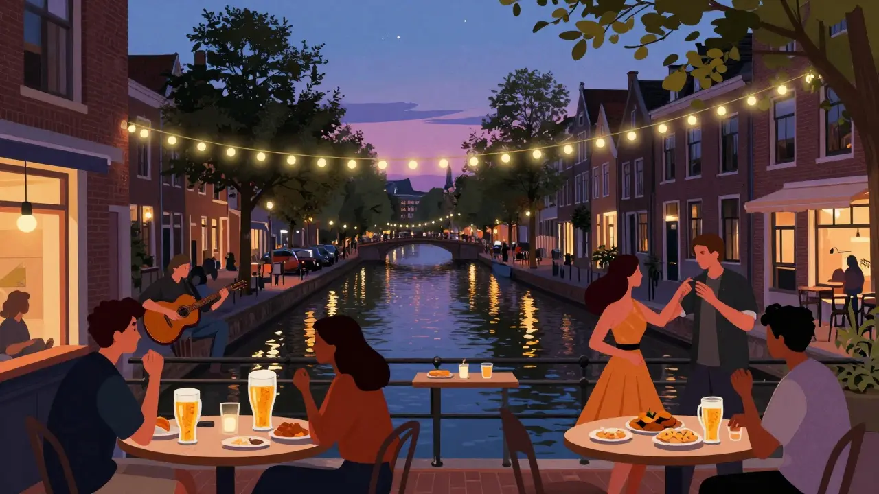 Couples dancing by a lit canal in Navigli with string lights and craft beers.