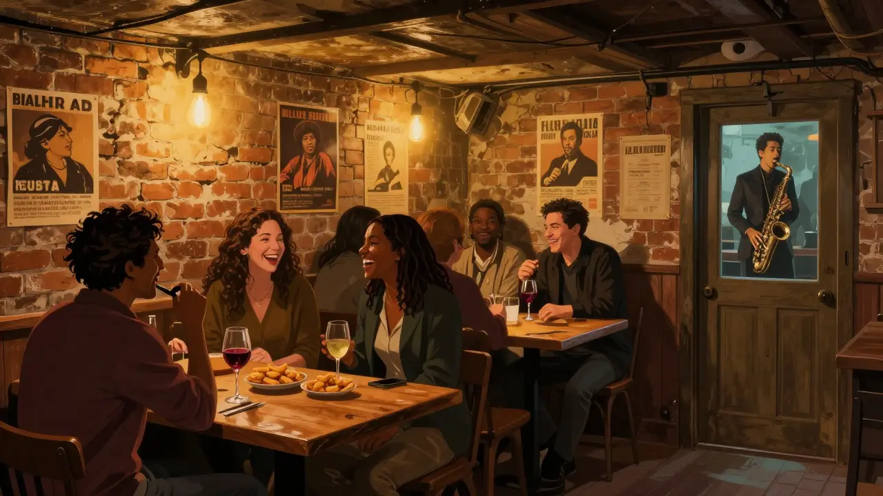 Cozy basement bar in Belleville with locals laughing over wine, saxophonist playing in the corner.