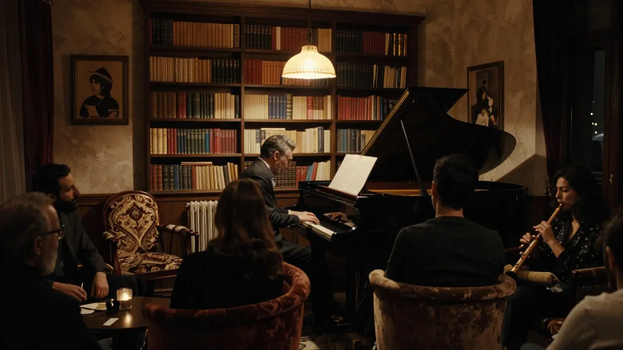 Cozy hidden jazz bar in Istanbul with a pianist playing under soft light, surrounded by vintage decor and quiet listeners in a bookshelf-lined room.
