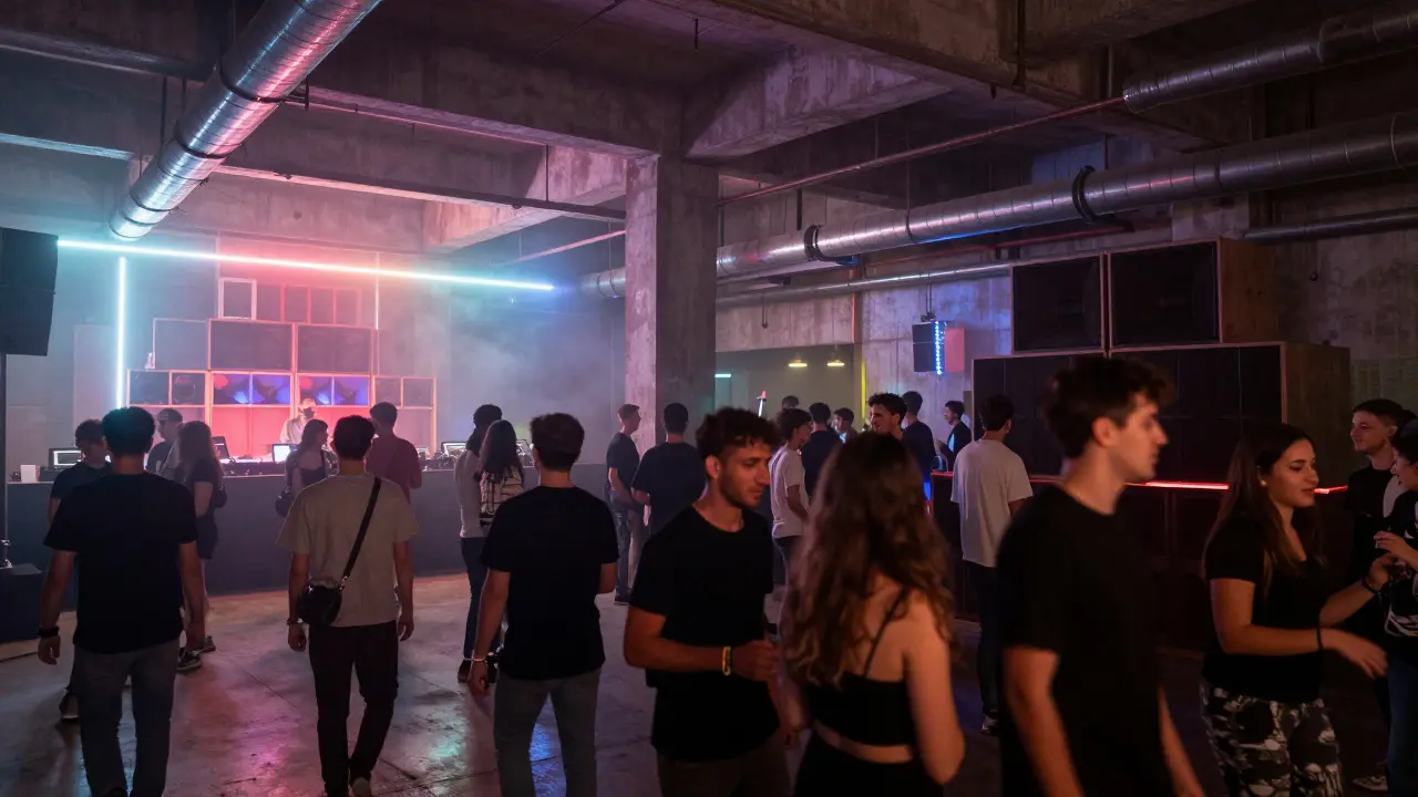 Crowd dancing in a raw industrial warehouse club in Isola with pulsing lights.