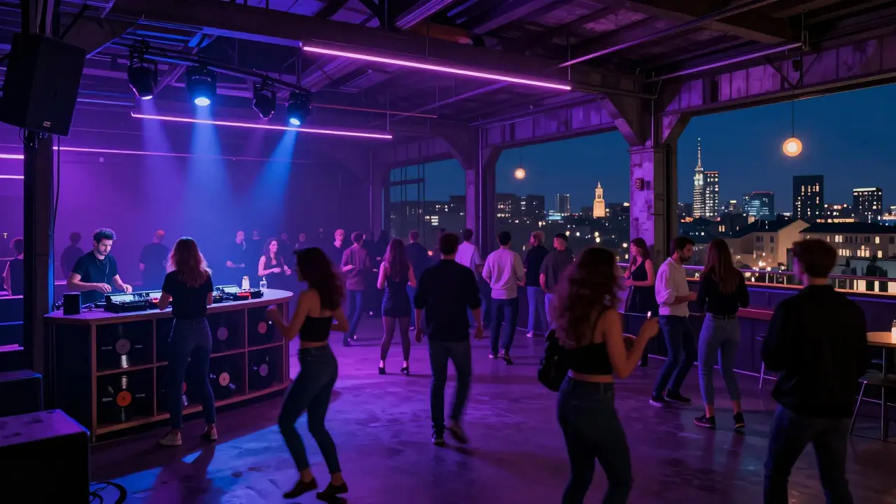 Crowd dancing inside Magazzini Generali, an industrial nightclub with rooftop city views.