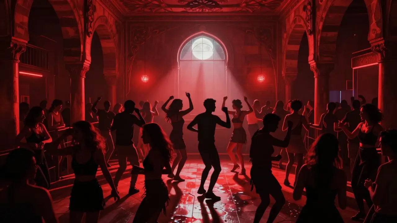 Crowd dancing to techno under Ottoman arches in an underground club