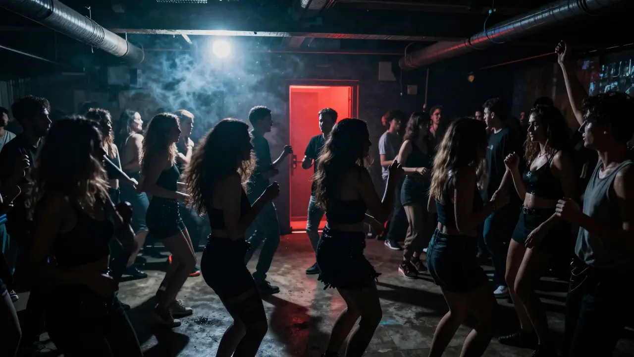 Crowd dancing under strobe lights in a hidden concrete nightclub, raw energy and deep bass vibrating the air.
